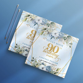 Unique Elegant Script Dusty Blue 90th Birthday Gästebuch