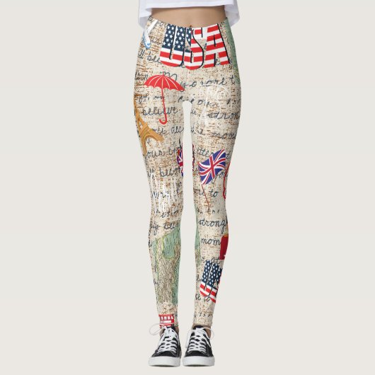 Unique Fashion United Staaten Maps und Text rustik Leggings (Vorderseite)