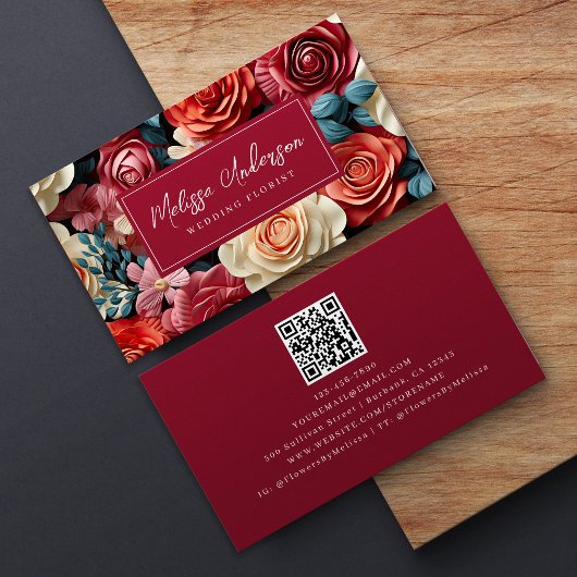 Unique Floral Burgundy QR Code Visitenkarte