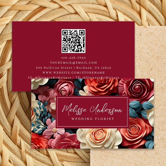 Unique Floral Burgundy QR Code Visitenkarte