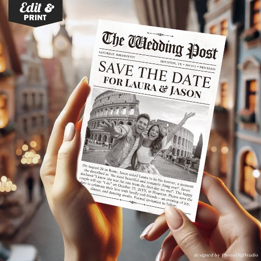 Unique Fun Photo Save the Date Wedding Newspaper Einladung