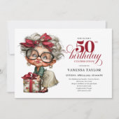 Unique Funny Lady 50th Birthday Humor Cartoon Einladung (Vorderseite)