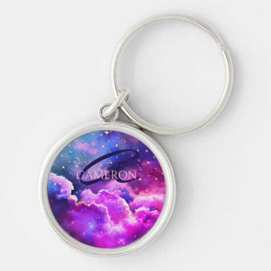Unique Galaxy Space Rose Funkelnd Monogramm Lila Schlüsselanhänger (Vorne)