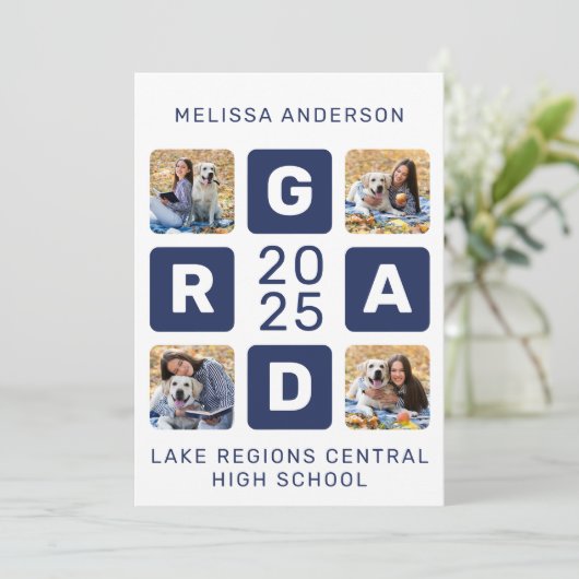 Unique Grad Navy Blue White 4 Foto Abschluss Ankündigung (Stehend Vorderseite)