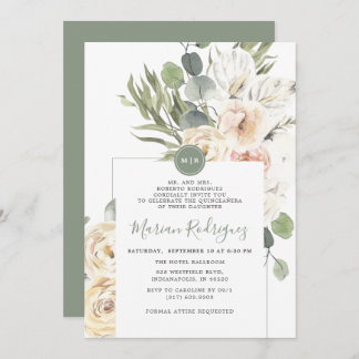 Unique Gree Floral Eukalyptus Monogram Quinceañera Einladung