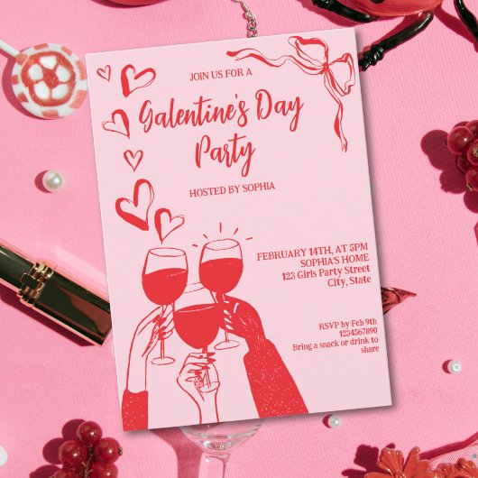 Unique Hand Drawn Pink Red Galentine's Day Party Einladung