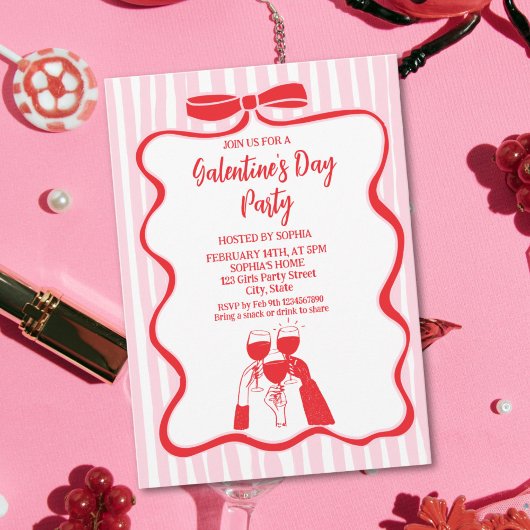 Unique Hand Drawn Pink Red Galentine's Day Party Einladung
