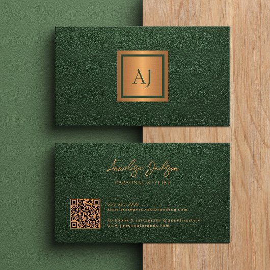 Unique modern bold monogram QR code gold green Visitenkarte