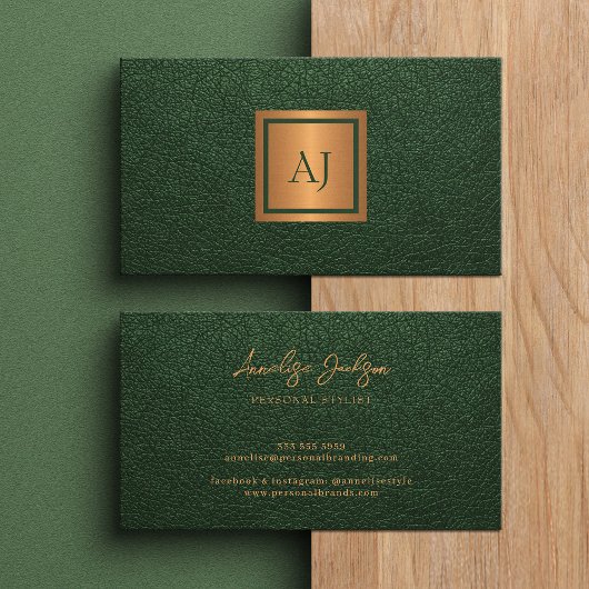 Unique modern monogram professional gold green visitenkarte