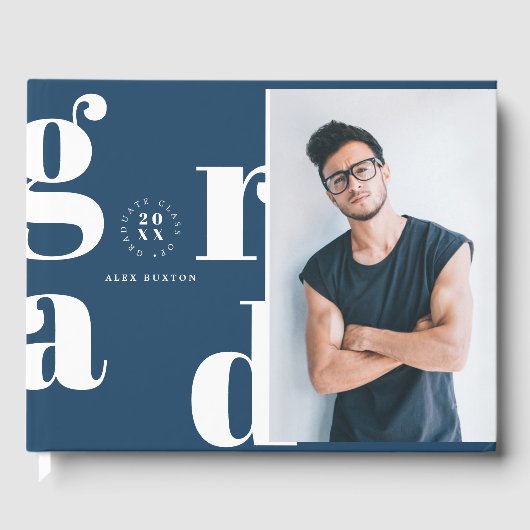 Unique Modern Navy Foto Graduation Party Gästebuch (Vorderseite)
