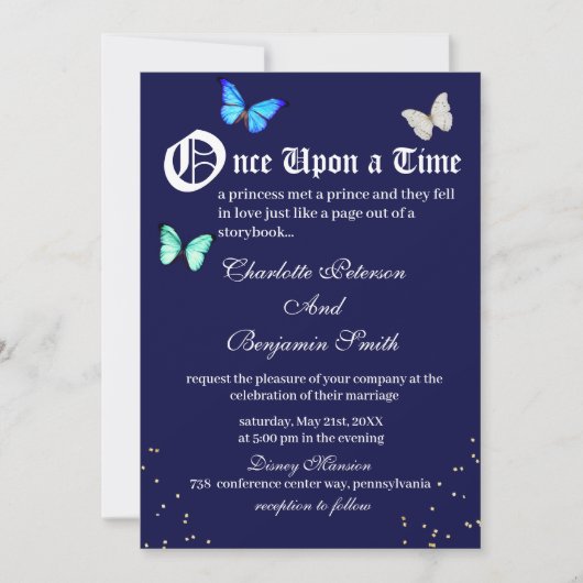 Unique Navy Blue Butterfly Fairytale Wedding Einladung (Vorderseite)