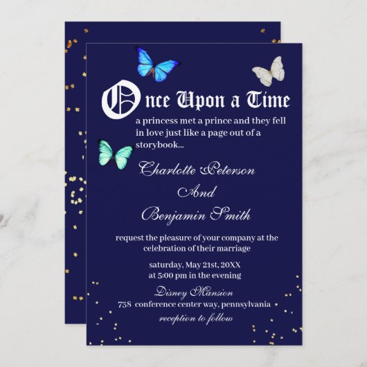 Unique Navy Blue Butterfly Fairytale Wedding Einladung (Vorne/Hinten)