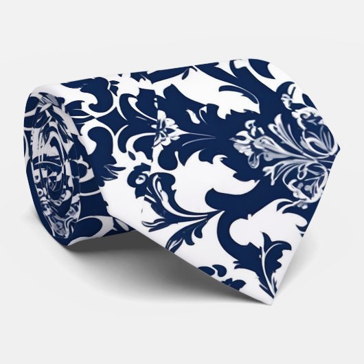Unique Navy Blue Damask Muster Krawatte (Gerollt)