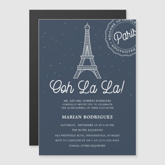 Unique Navy & Gold Eiffel Tower Paris Quinceañera Magneteinladung (Vorne/Hinten)