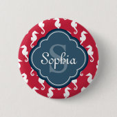 Unique Red Seepferd Pattern Blue Monogram Button (Vorderseite)