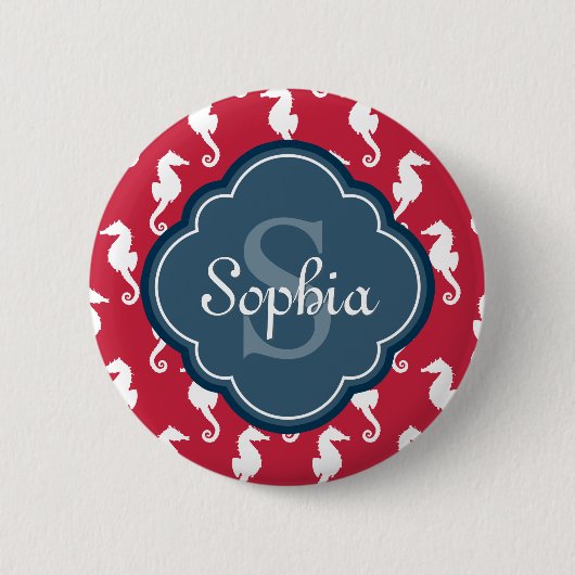 Unique Red Seepferd Pattern Blue Monogram Button (Vorderseite)