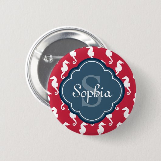 Unique Red Seepferd Pattern Blue Monogram Button (Vorne & Hinten)
