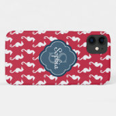 Unique Red Seepferd Pattern Blue Monogram Case-Mate iPhone Hülle (Rückseite (Horizontal))
