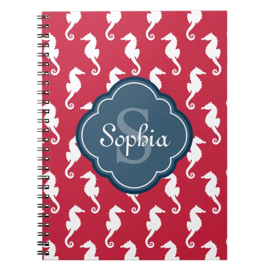Unique Red Seepferd Pattern Blue Monogram Notizblock (Vorderseite)