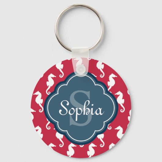 Unique Red Seepferd Pattern Blue Monogram Schlüsselanhänger (Vorderseite)