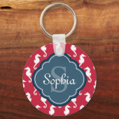 Unique Red Seepferd Pattern Blue Monogram Schlüsselanhänger (Vorderseite)