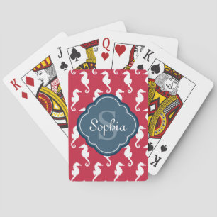 Unique Red Seepferd Pattern Blue Monogram Spielkarten