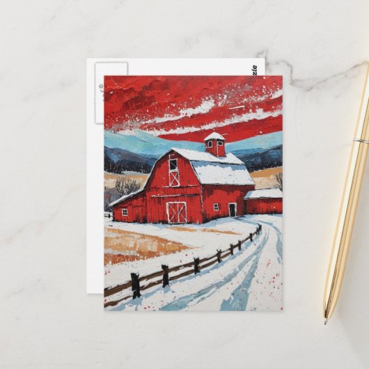 Unique Red Winter Barn Painting Postkarte (Vorderseite/Rückseite Beispiel)