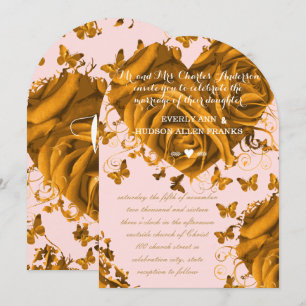 Unique Rose Pink Gold Hearts and Roses Wedding Einladung