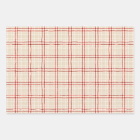 Unique Rustic Cream & Red Squiggly Mixed Plaid Geschenkpapier Set (Vorderseite 3)