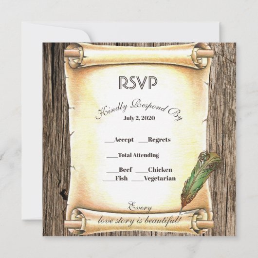 Unique Scroll & Feather Pen Wedding Einladung (Rückseite)