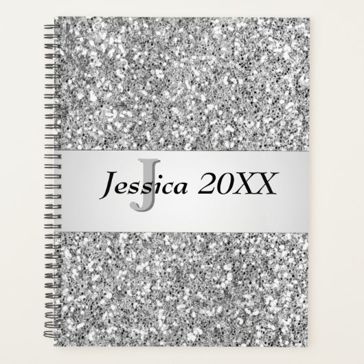 Unique Trendy Glitter Glam Silver Girly Monogram Planer (Vorderseite)