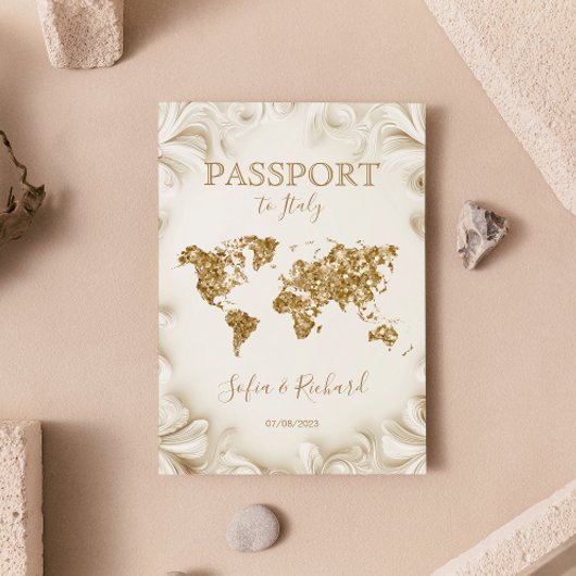 Unique Wedding Destination Passport Gold Weltkarte Einladung