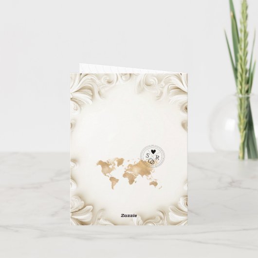 Unique Wedding Destination Passport Gold Weltkarte Einladung (Rückseite)