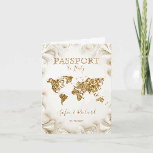 Unique Wedding Destination Passport Gold Weltkarte Einladung (Vorderseite)