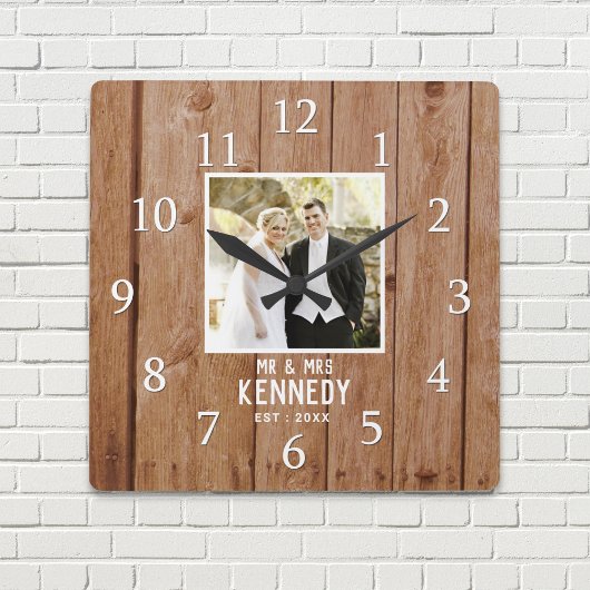 Unique Wedding Foto Anniversary Wood Personalized Quadratische Wanduhr
