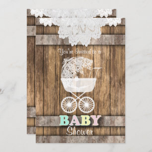 Unisex Baby 👶 Dusche in rustikalem Holz und Spitz Einladung