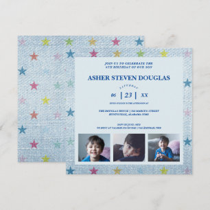 Unisex Denim Stars Drei Fotos Kinder zum Geburtsta Einladung