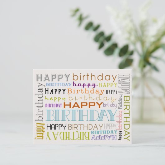 Unisex Happy Birthday Typografy Postcard Postkarte (Stehend Vorderseite)