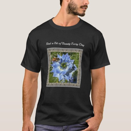 Unisex T - Shirt mit Blue Nigella und Biene (Vorderseite)