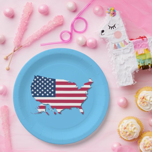 United Staaten Map and Flag White Red Blue Pappteller (Party)