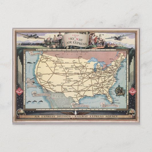 United Staaten Map Shipping the Skyway via Air Exp Postkarte (Vorderseite)