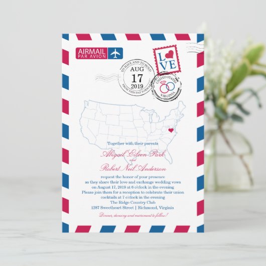 United Staaten Map Virginia USA Airmail | Hochzeit Einladung (Stehend Vorderseite)