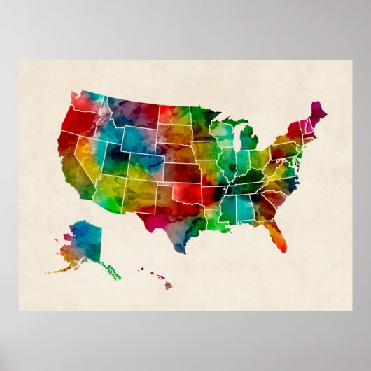 United Staaten Watercolor Map Poster (Vorne)
