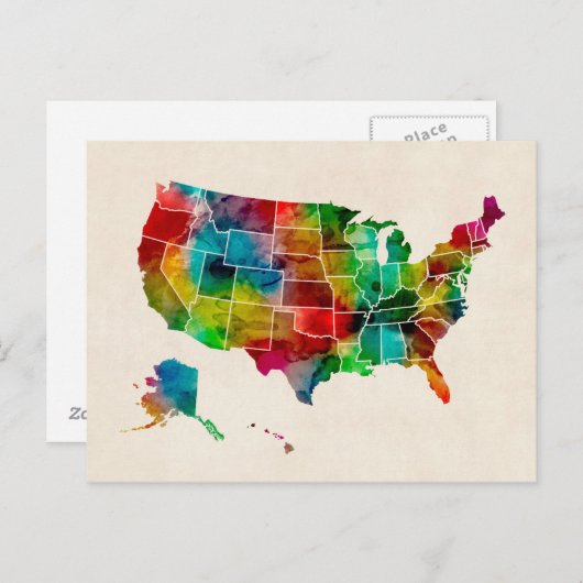United Staaten Watercolor Map Postkarte (Vorne/Hinten)