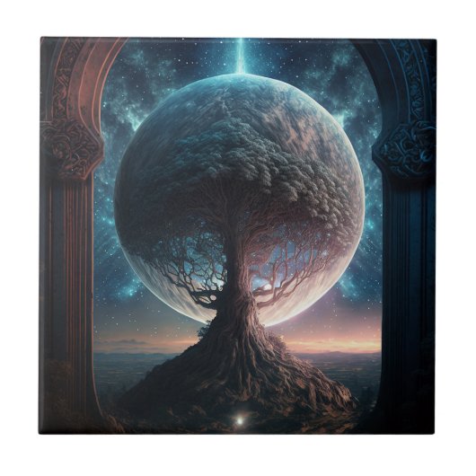 Universe Cosmic Tree Surreal Fantasy Art Fliese (Vorderseite)