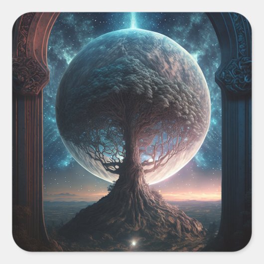 Universe Cosmic Tree Surreal Fantasy Art Quadratischer Aufkleber (Vorderseite)