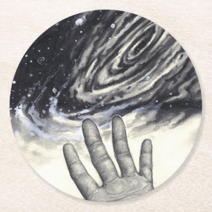 Universe Hand Reaching für den Star Graustufen-Zei Runder Pappuntersetzer