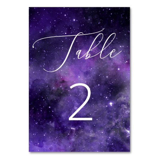 Universe Sterne. Hochzeit von lila Weltraumnachtss Tischnummer (Vorderseite)