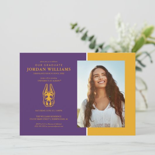 Universität Albany Great Dane Mascot Head Ankündigung (Stehend Vorderseite)