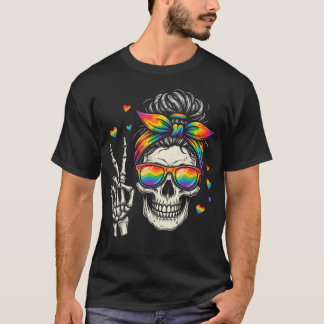 Unordentlicher Dutt-Totenkopf-Regenbogenflagge Lgb T-Shirt